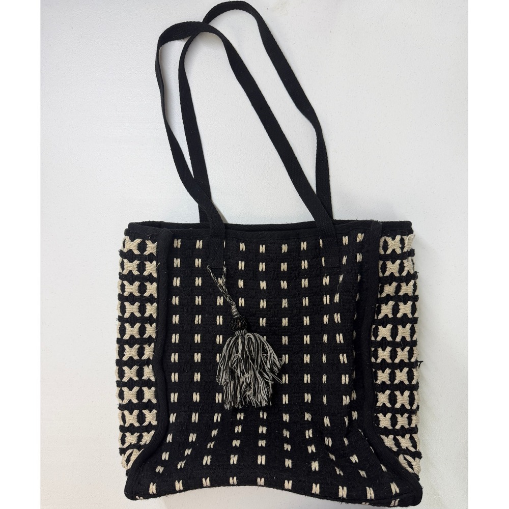 Universal Thread Black Cream Woven Tote Bag Tassel Boho Shoulder Bag
